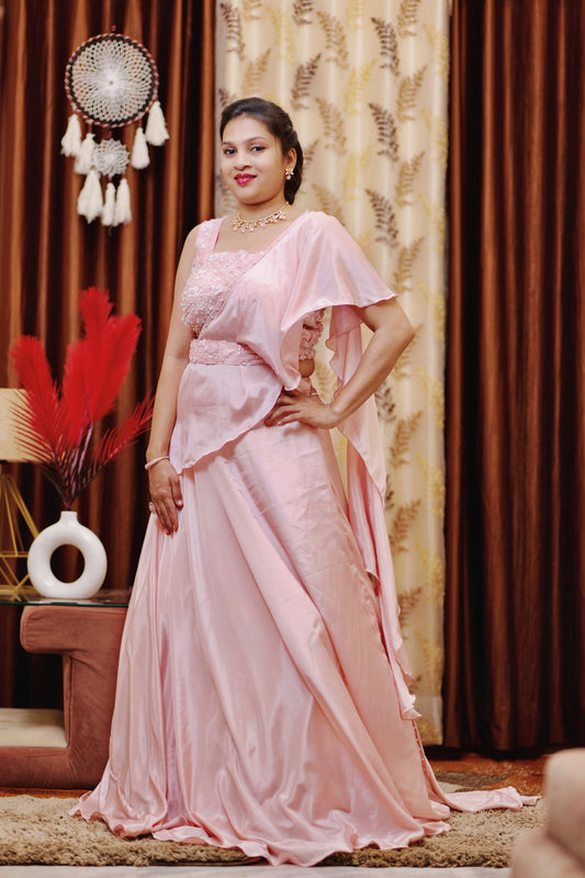 Baby Pink Drape Saree with Pearl Embellishment