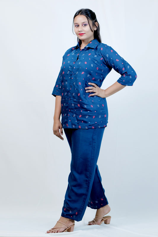 Yale Blue Embroidered Oversized Cotton Shirt With Pants