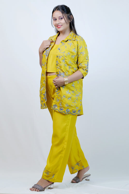 Mustard Yellow Embellished embroidered Oversized Cotton Shirt With Pants